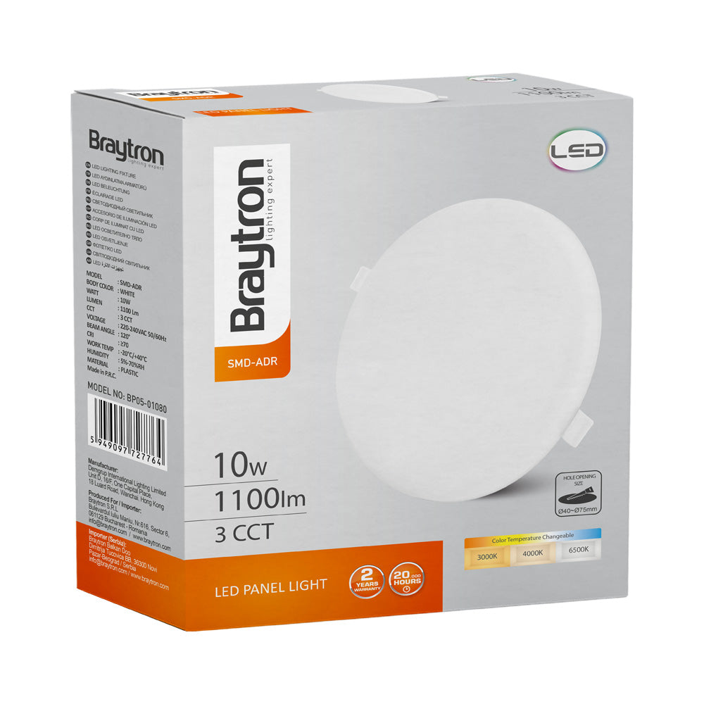 BRAYTRON - SMD - ADR - 10W - RND - ADJ - WHT - 6500K - LED PANEL CORTE AJUSTÁVEL 6500K