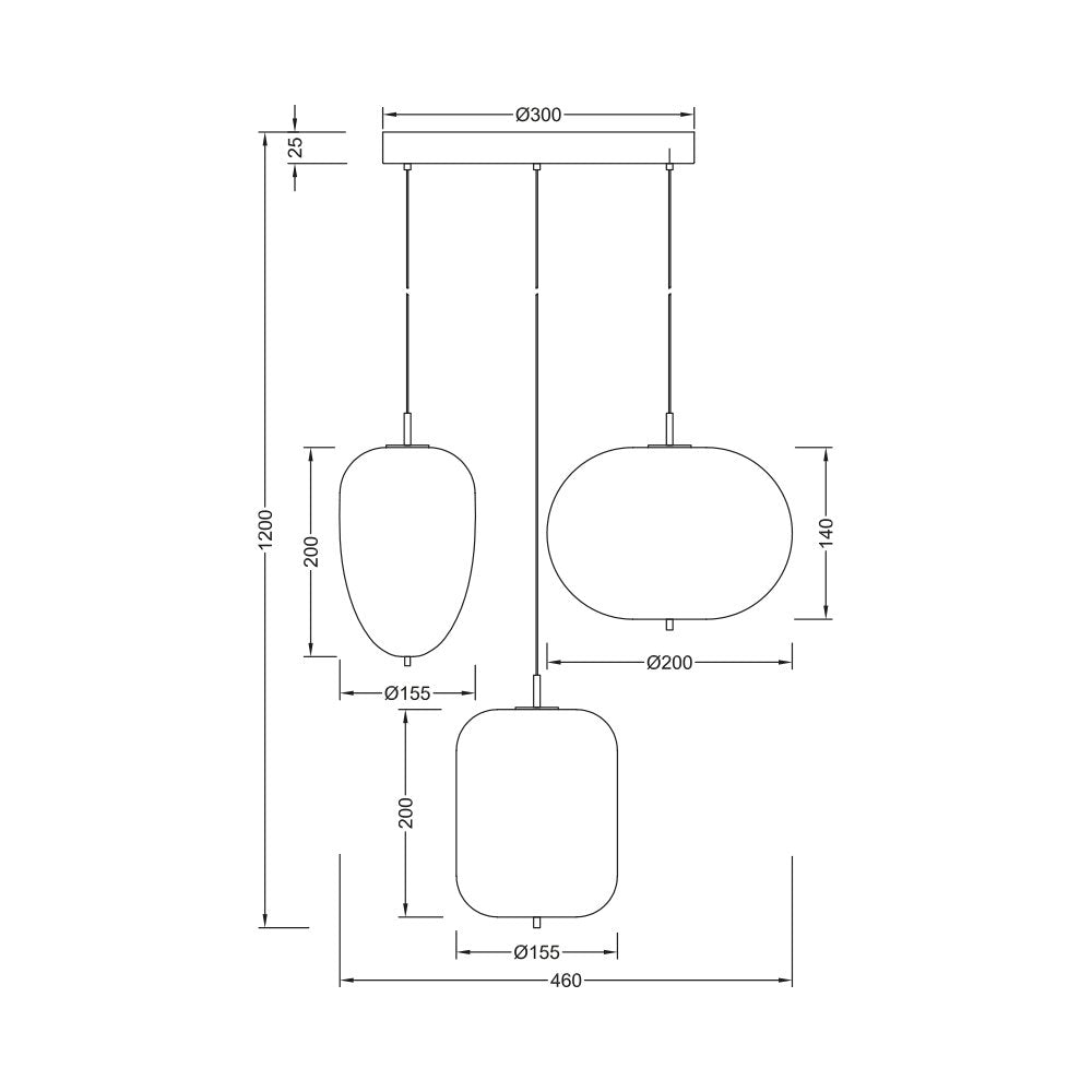 Suspensão 3 lâmpadas E14 BV01-00106 Braytron BRY-S011R-3H-3xE14-OPL-PENDANT LIGHT