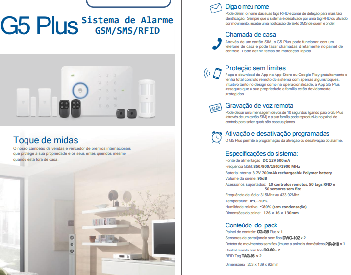 Sistema Alarme Wireles G5 Plus GSM/SMS/RFID